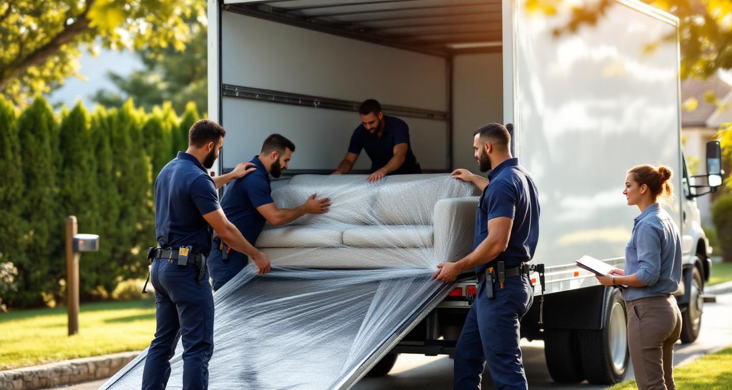 Professional movers loading furniture into moving truck while homeowner supervises with checklist