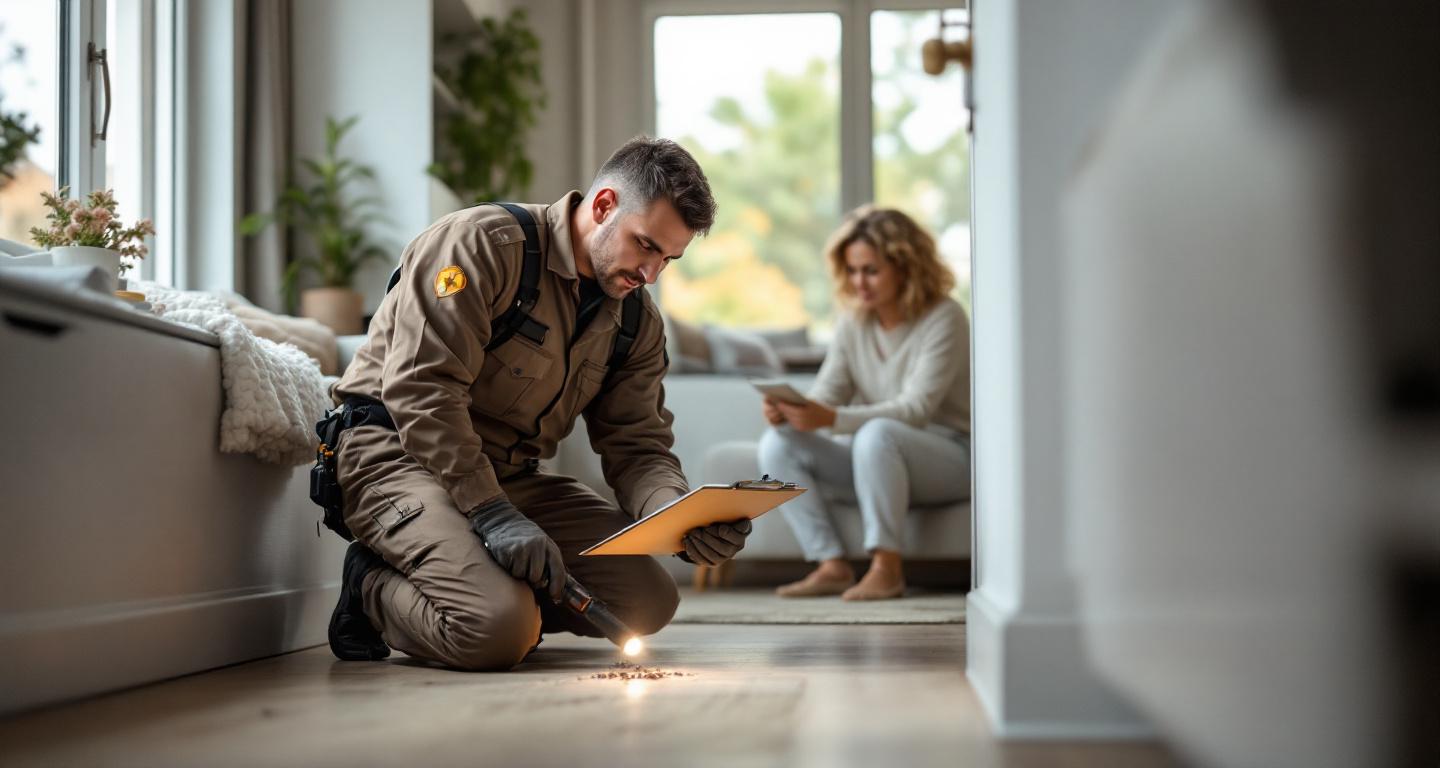 Professional pest control technician inspecting baseboards while homeowner observes in bright living room