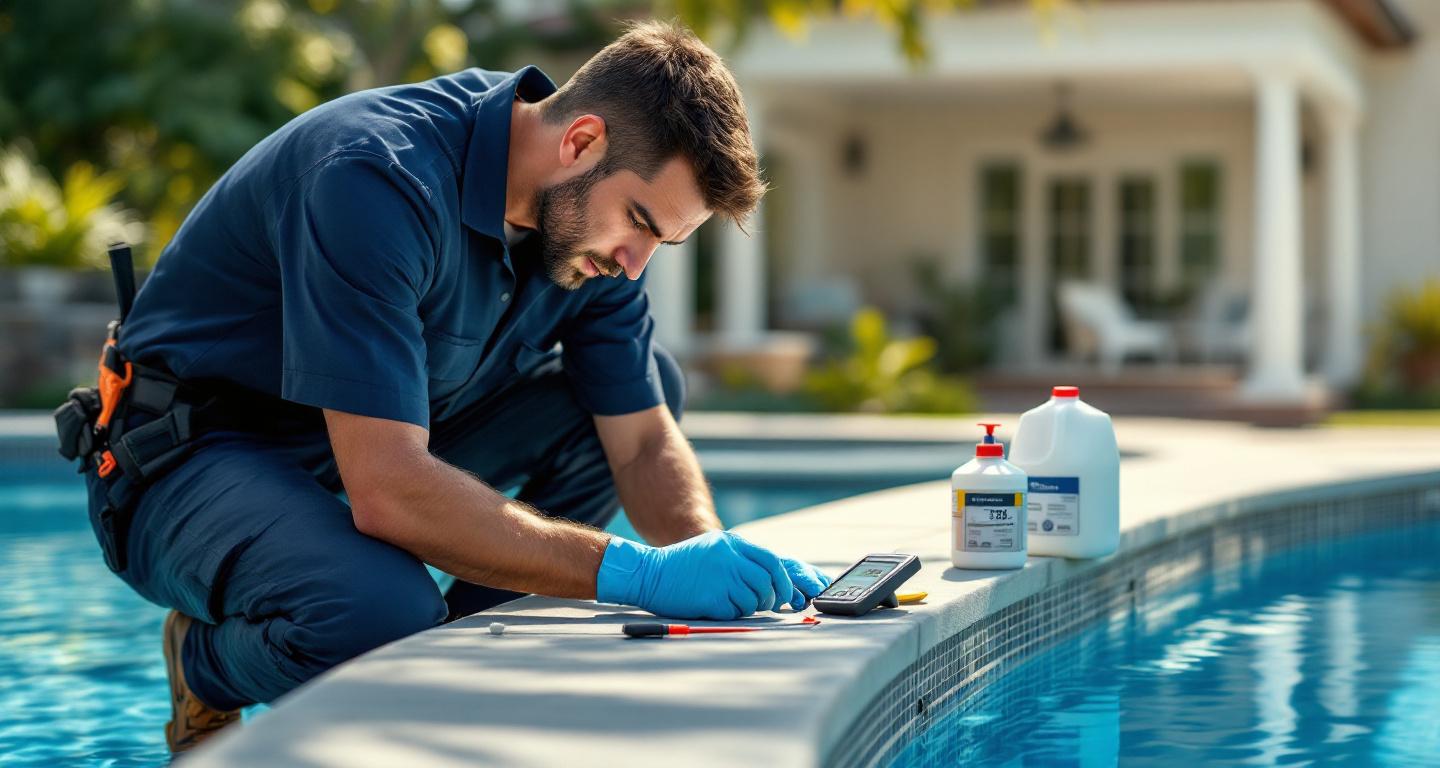 Professional pool technician testing water chemistry during routine pool service visit