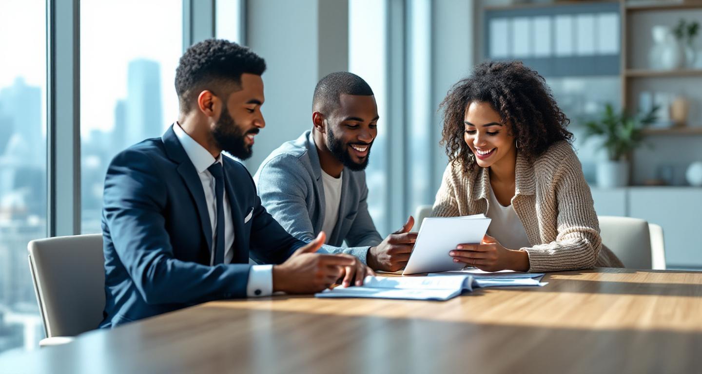 Real estate agent consulting with clients about property documents and listings in modern office