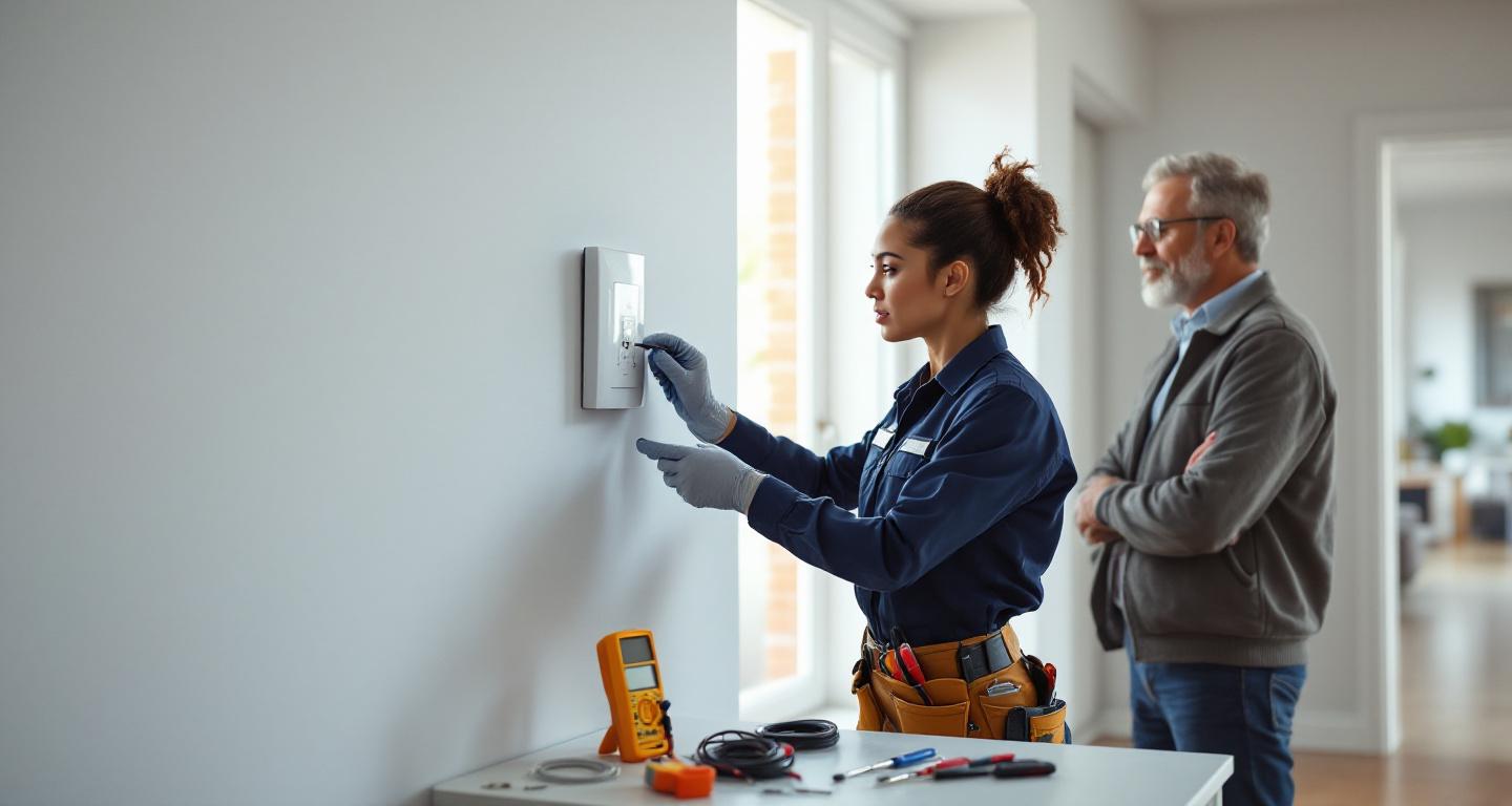 Professional security technician installing home security system panel while homeowners observe