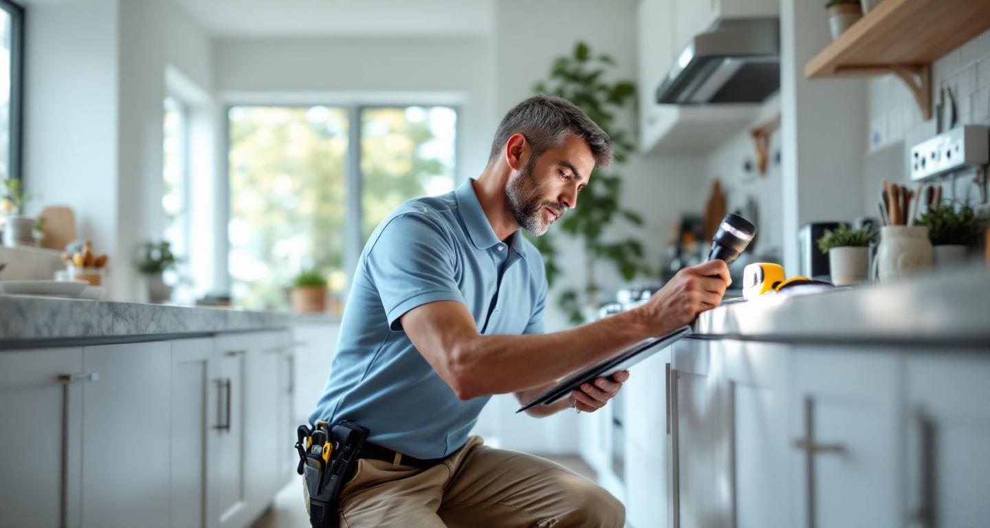 Professional home inspector examining electrical outlets in kitchen during home inspection