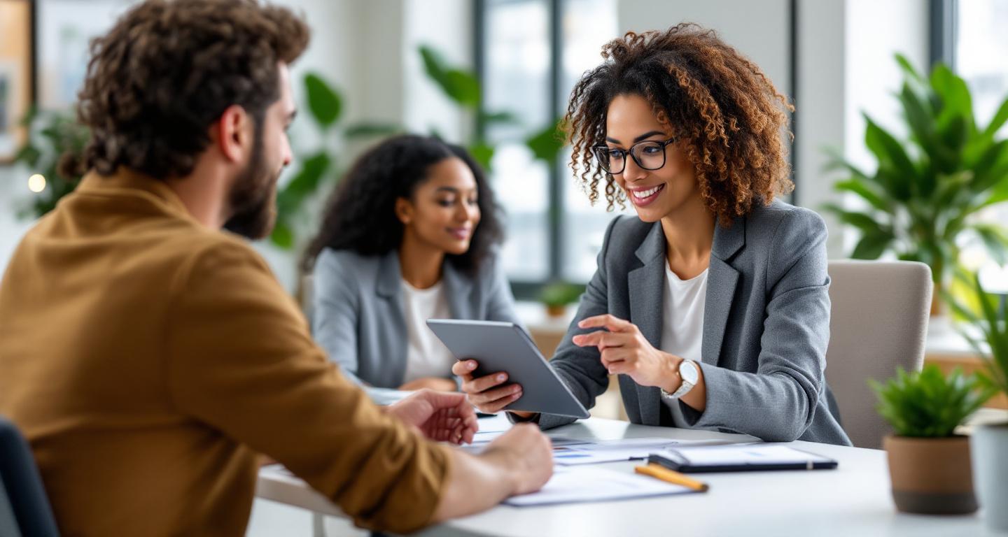 Insurance agent consulting with clients at office desk, reviewing policy documents
