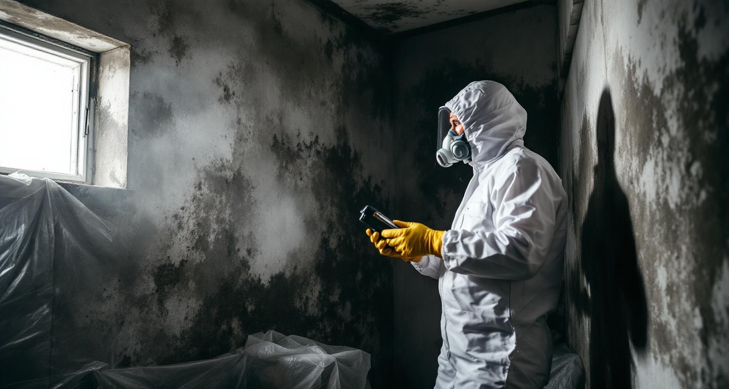 Professional mold remediation specialist in protective gear inspecting mold growth on basement wall