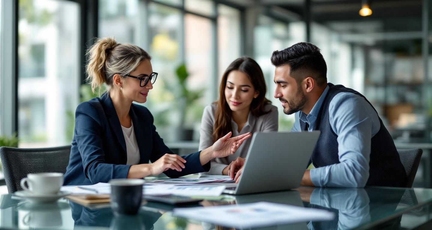 Mortgage broker explaining loan options to young couple during consultation meeting