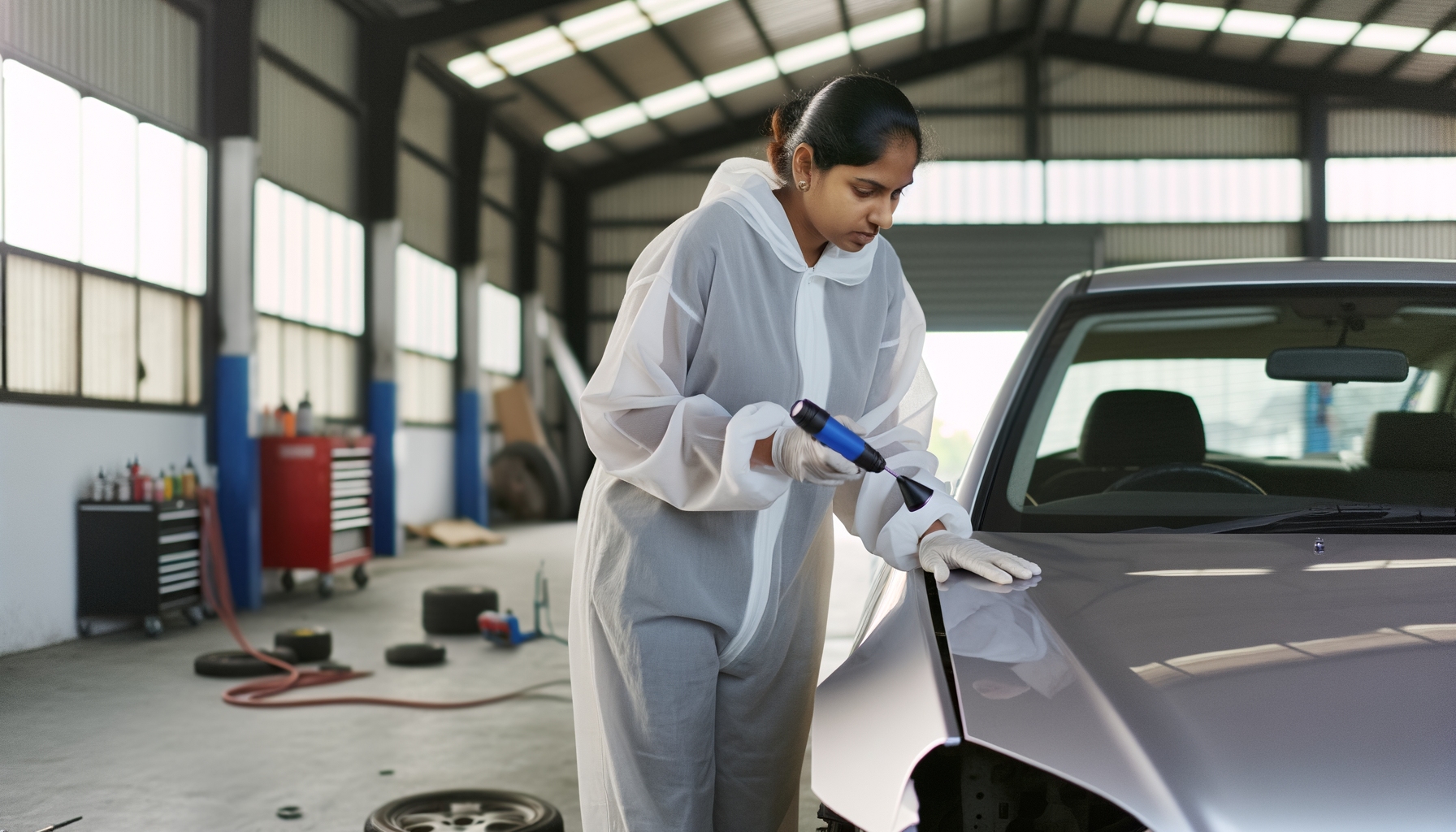 Automotive technician inspecting collision repair work on a silver car in professional auto body shop