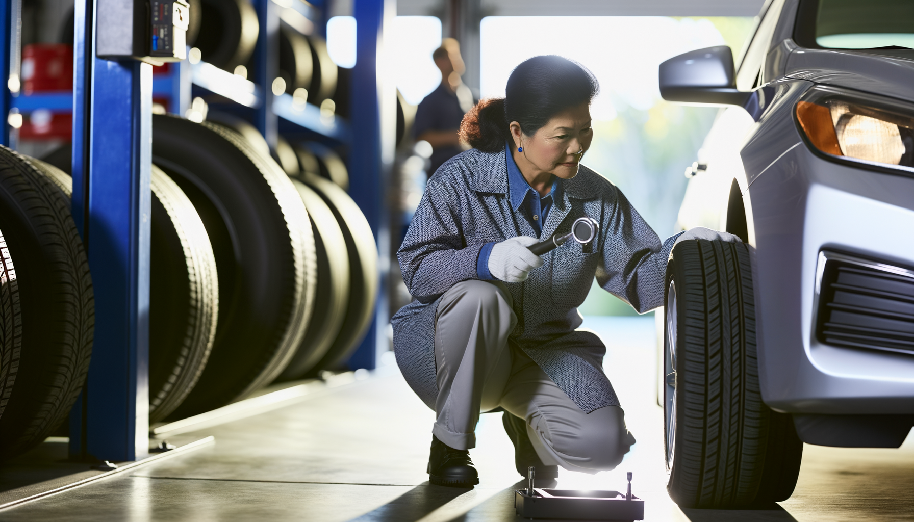 Automotive technician inspecting tire tread depth with gauge during seasonal tire change preparation