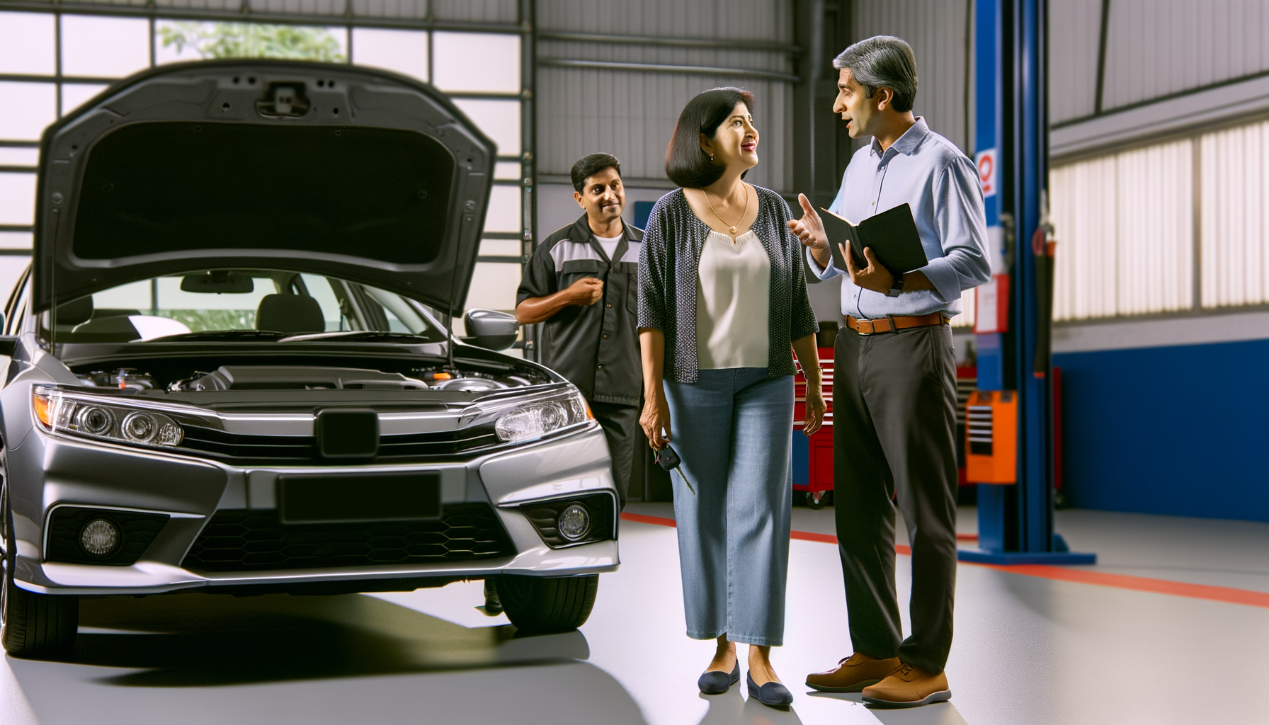 Woman discussing car service with mechanic while holding preparation notes