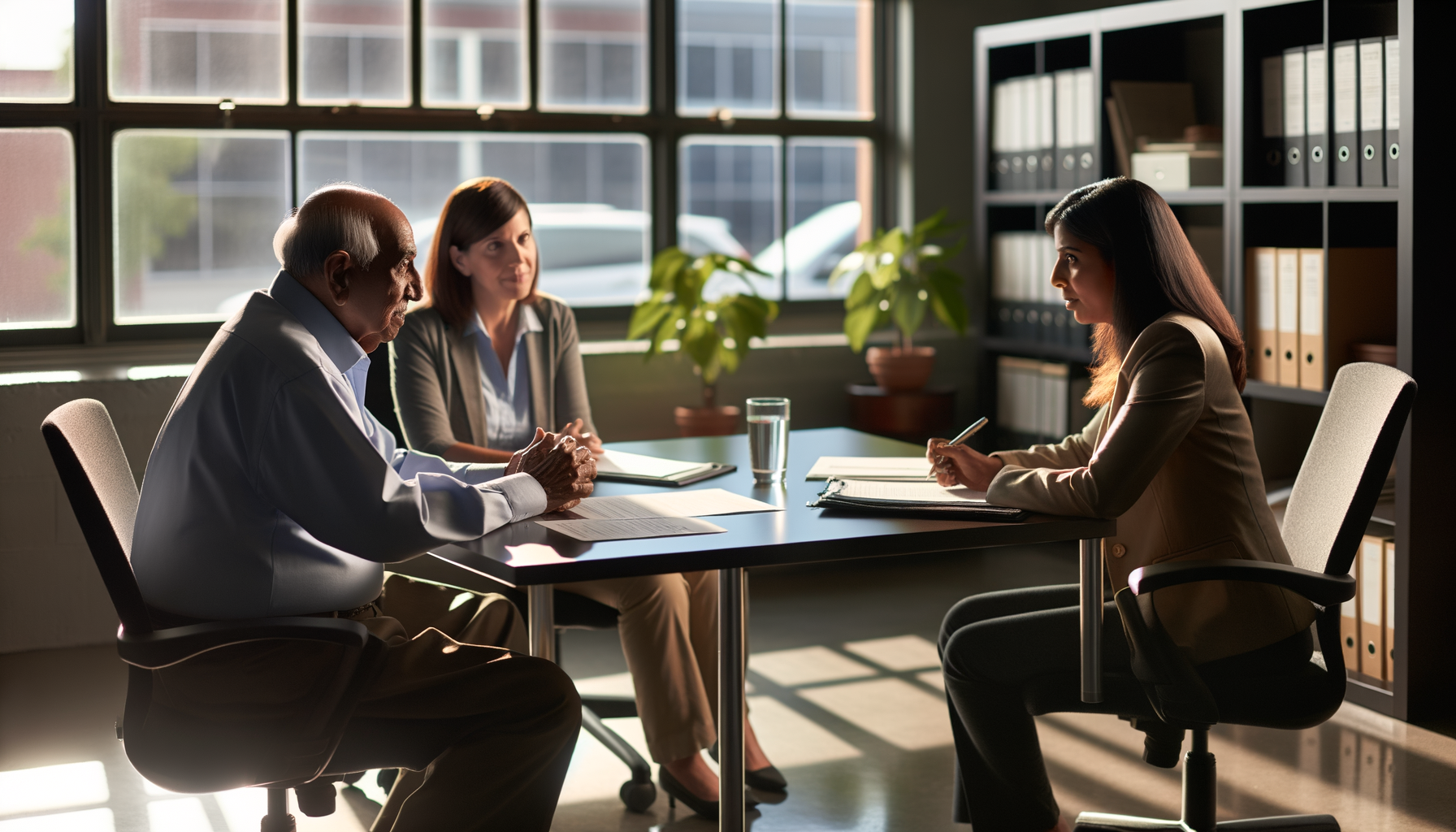 Family meeting with elder care consultant in bright, professional office setting