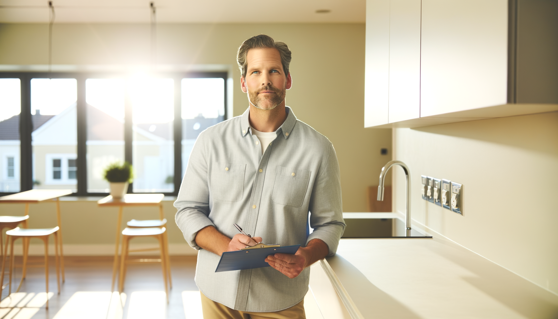 Homeowner preparing for electrician visit with checklist in bright kitchen