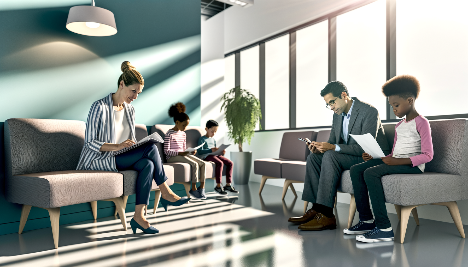 Family preparing documents while waiting for wellness appointments in modern medical office