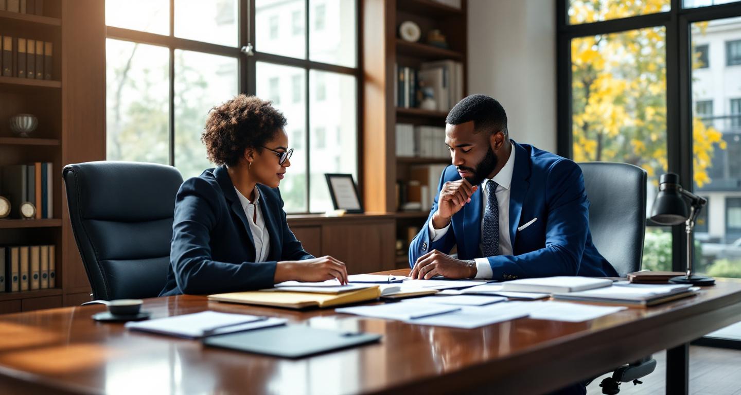 Client meeting with attorney in law office with organized documents on desk