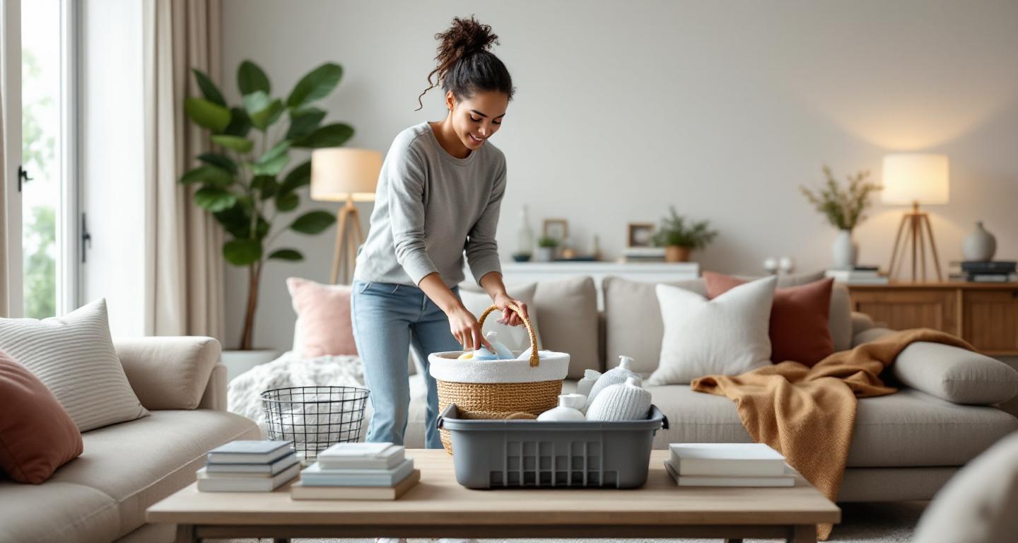 Homeowner preparing living room for professional cleaning service by organizing personal items