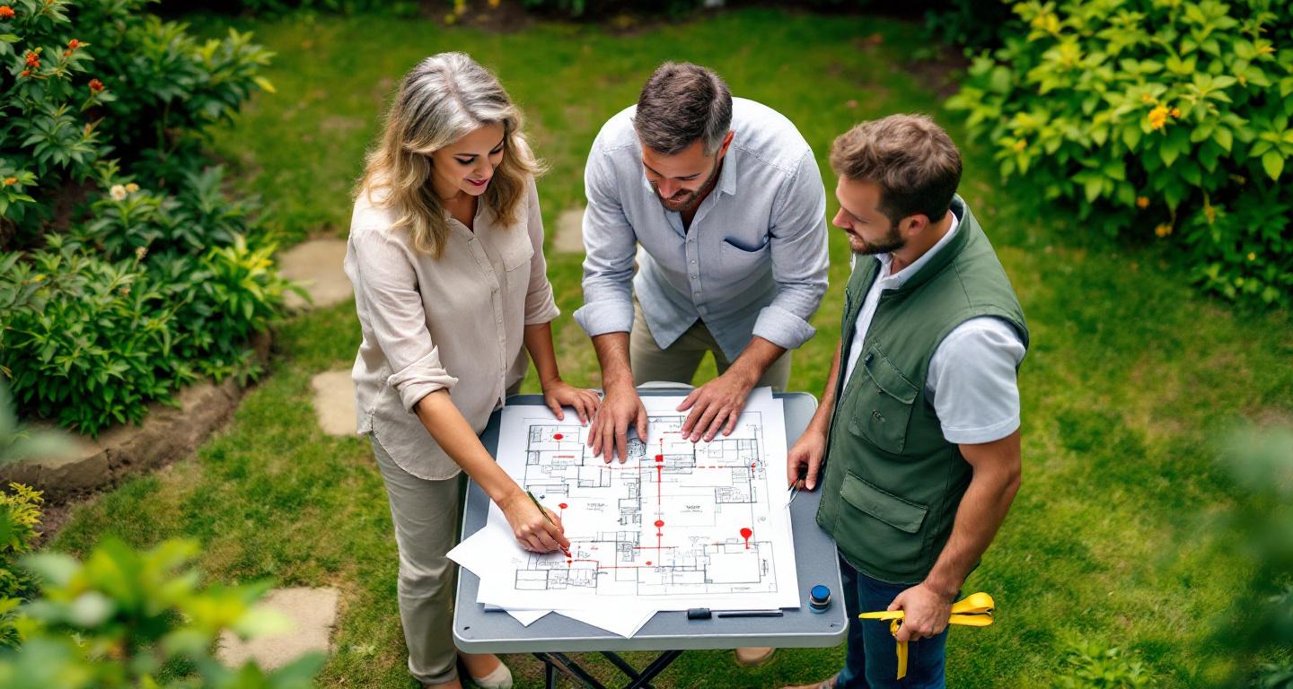Homeowners reviewing landscaping plans with contractor in backyard during project planning phase