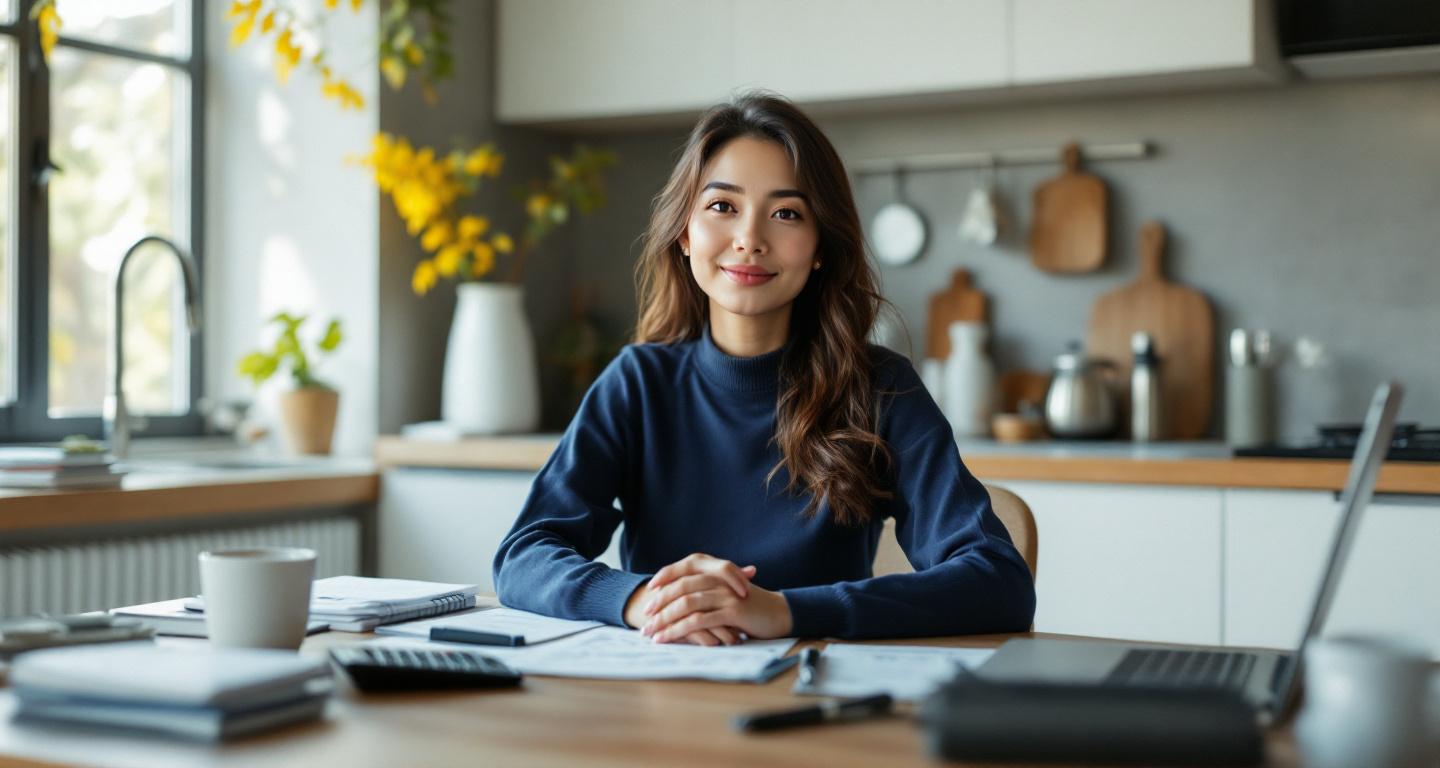 Woman organizing financial documents and preparing questions before meeting with mortgage broker