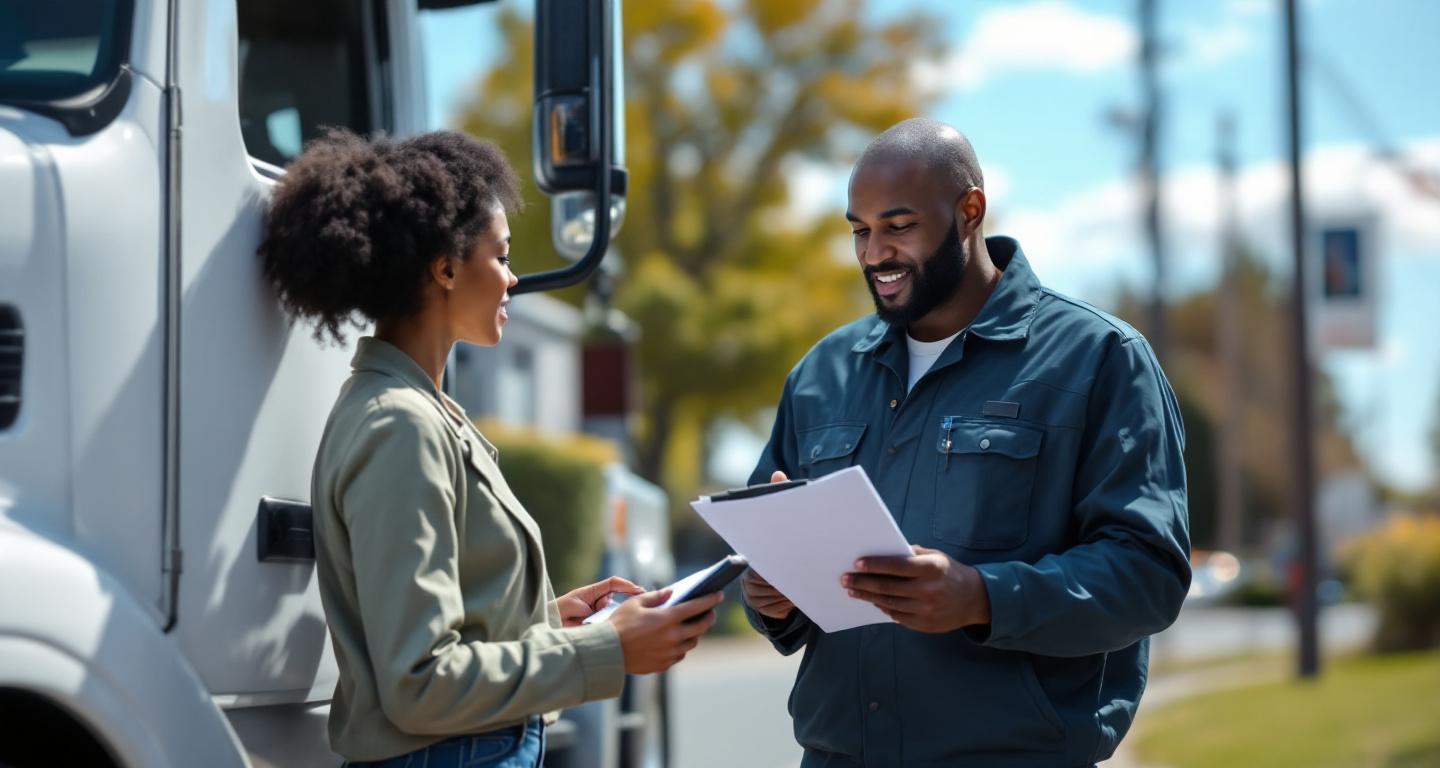 Professional tow truck driver consulting with car owner before vehicle towing service