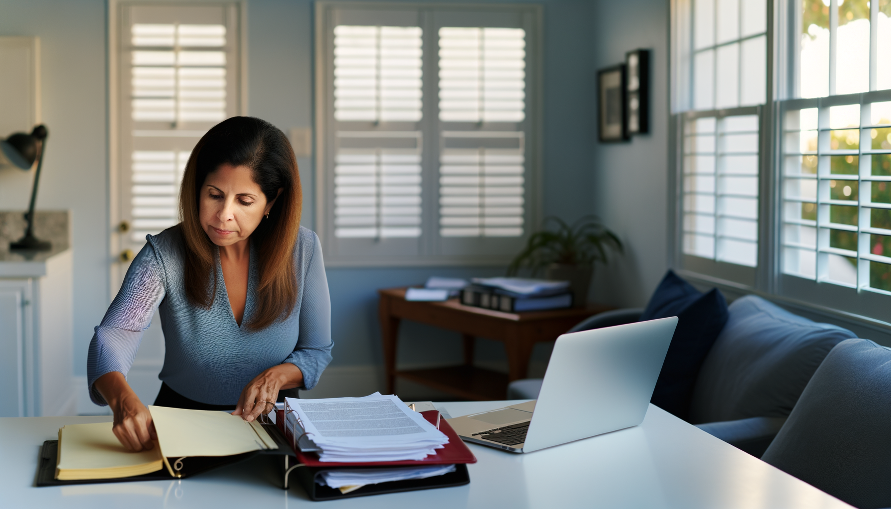 Professional woman organizing legal documents and preparing for attorney consultation