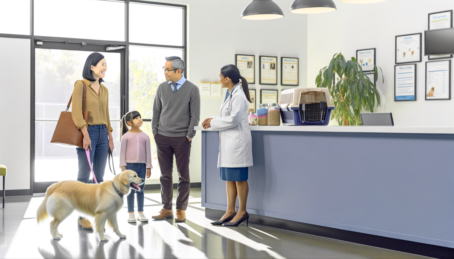 Family consulting with pet boarding professional while preparing golden retriever for boarding stay