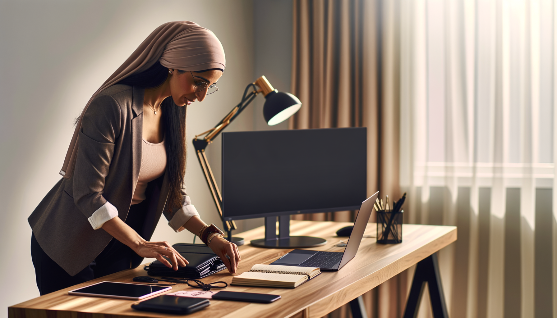 Person organizing computer equipment and documents in preparation for IT support service