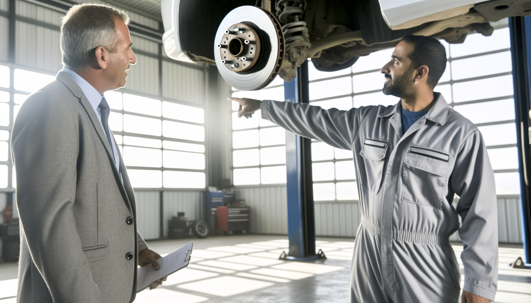 Mechanic explaining completed brake service to customer in professional auto shop