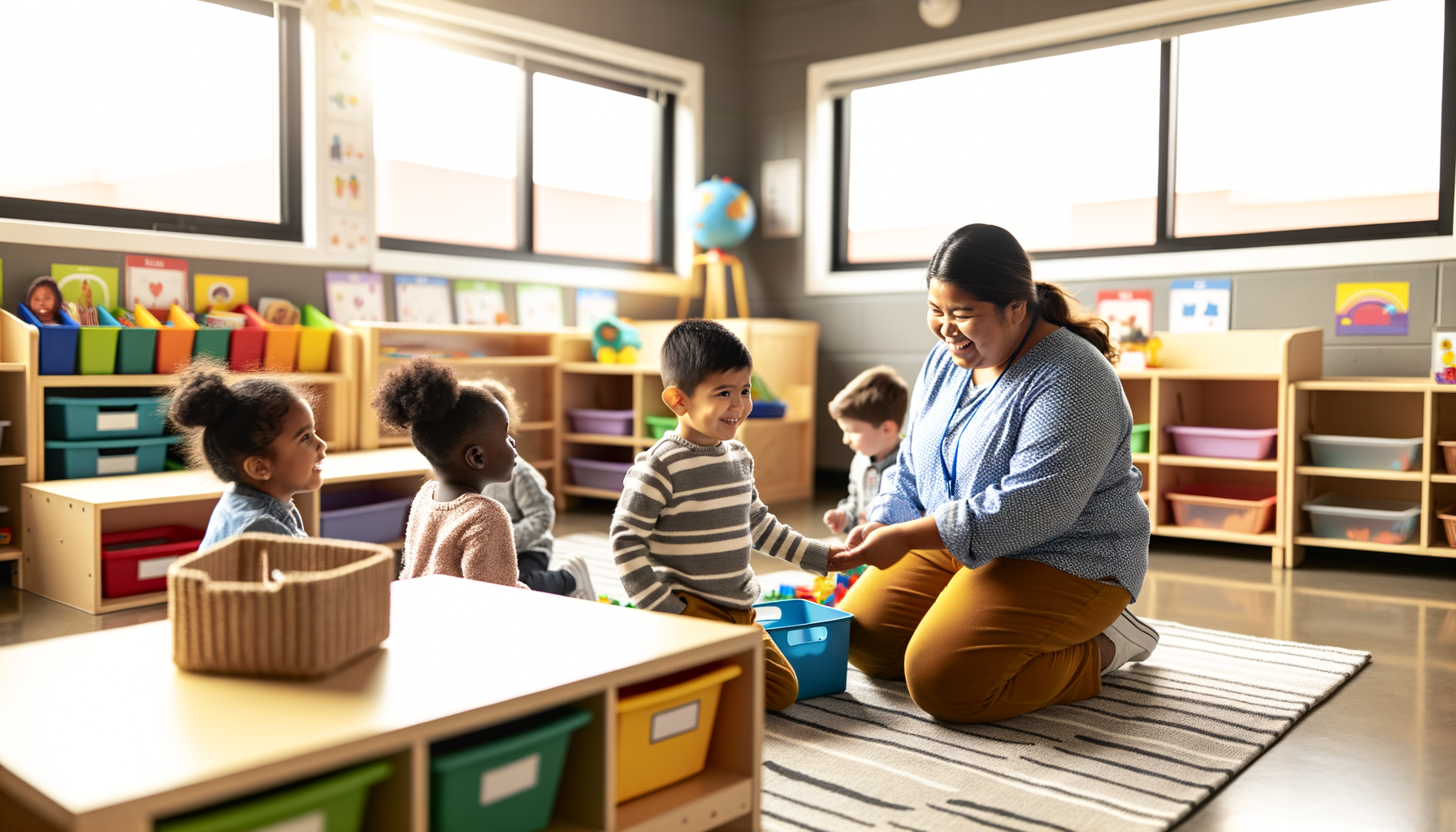 Children playing happily in a bright childcare classroom with an attentive teacher