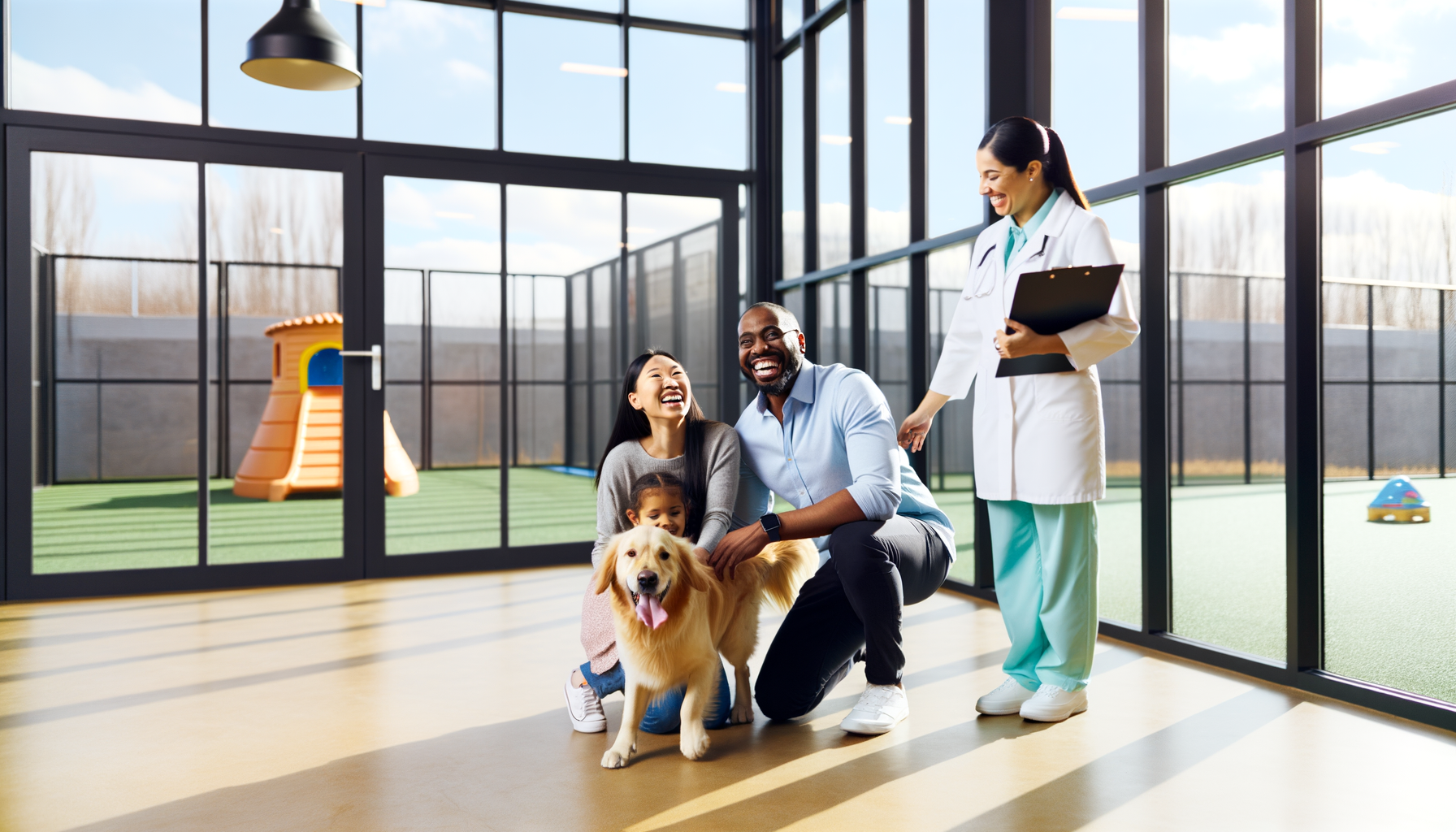 Family reuniting with their dog at a professional pet boarding facility with staff member