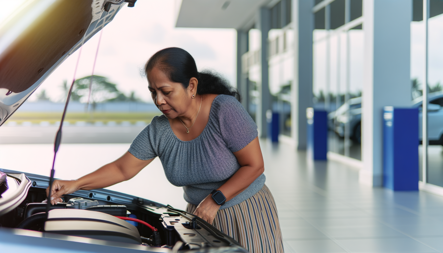 Person inspecting car after maintenance service
