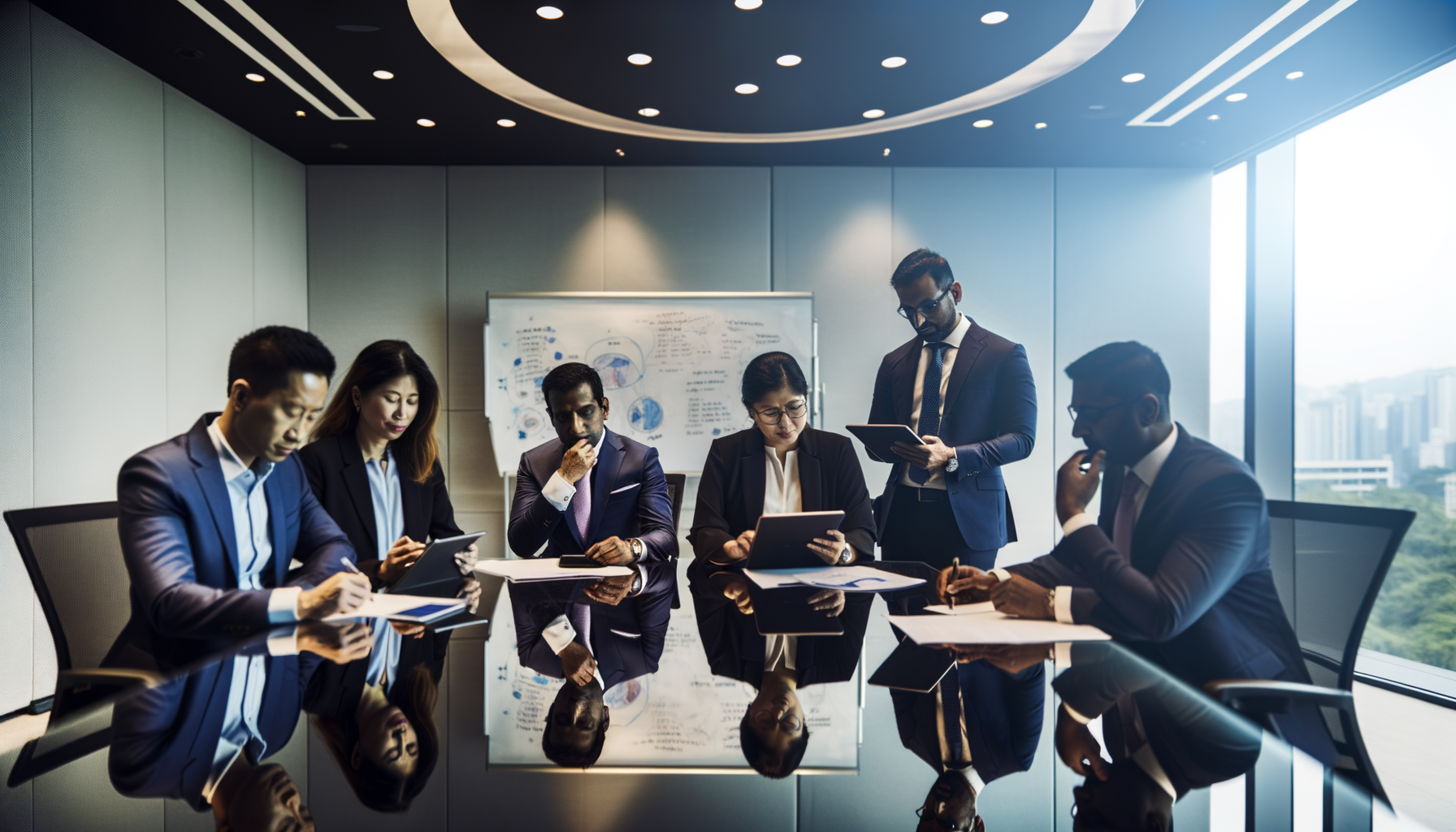 Professionals reviewing training materials and discussing outcomes in a conference room