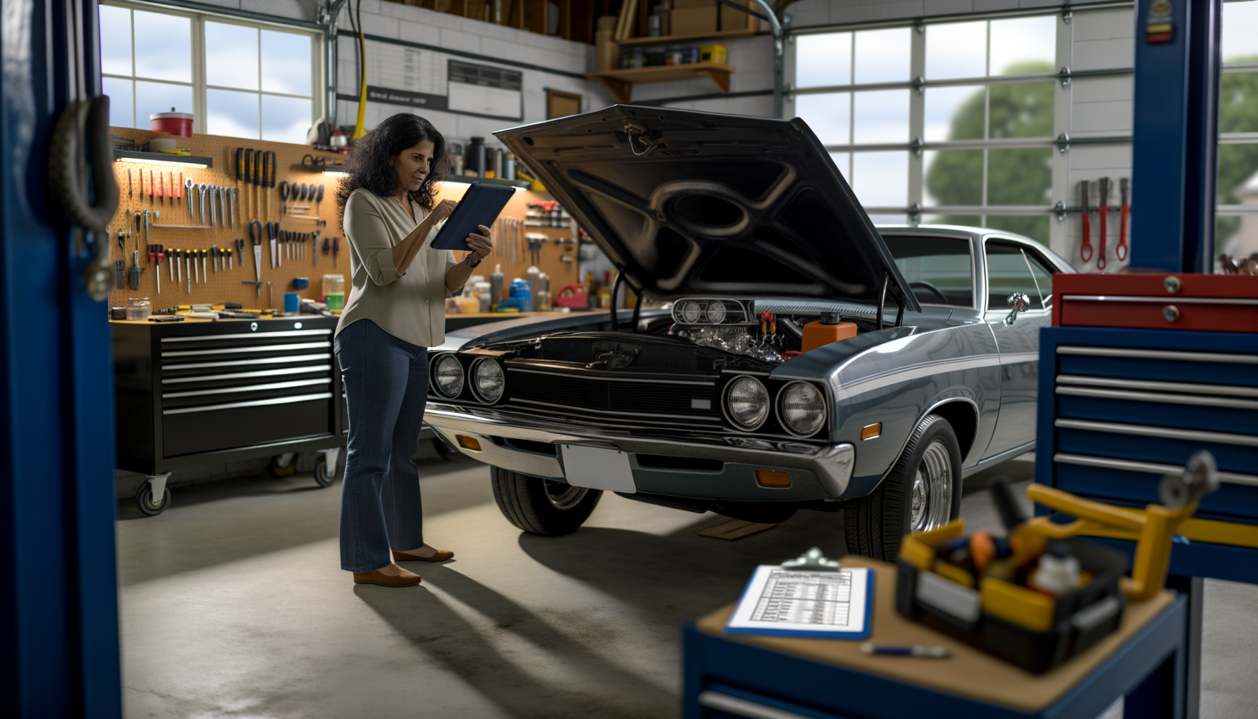 Person documenting maintenance on restored classic car in organized garage workspace