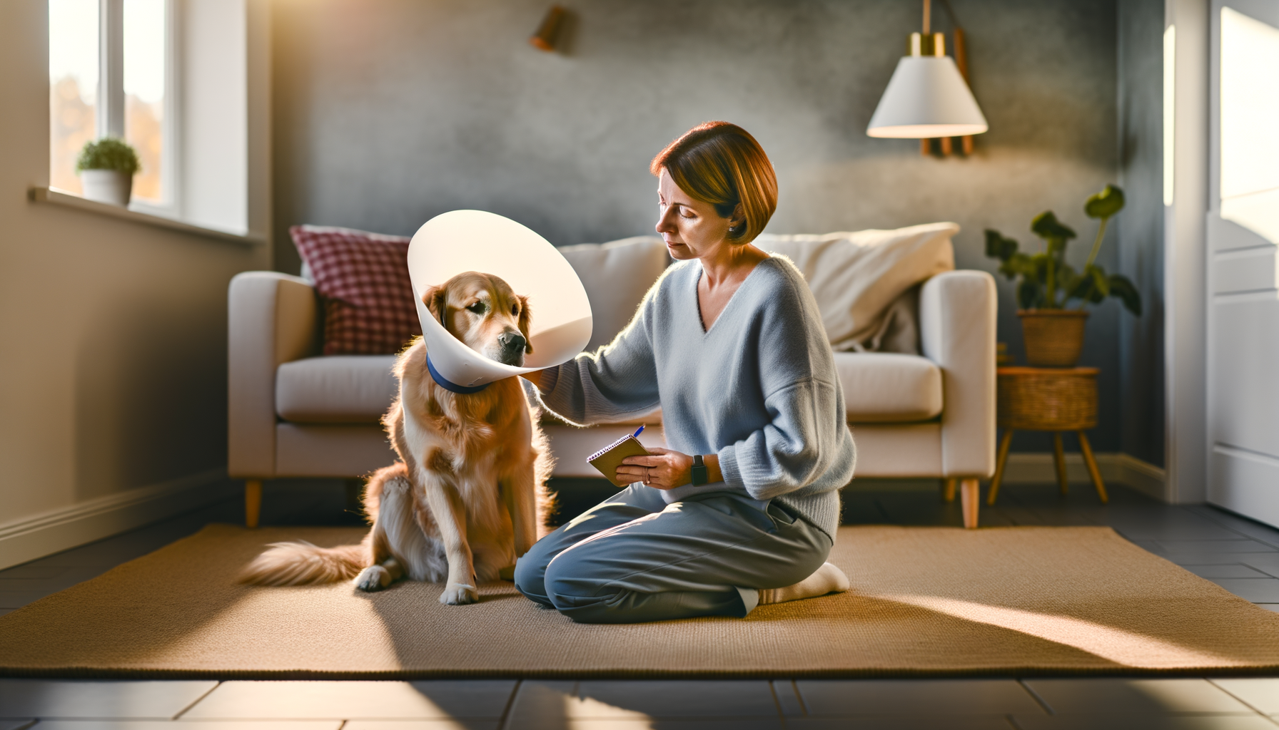 Pet owner monitoring her dog's recovery after medical treatment, taking notes while examining the healing surgical site