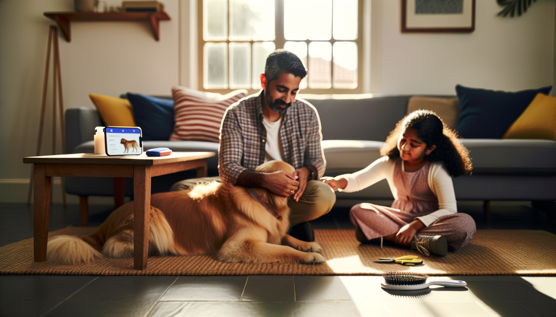 Pet owner brushing golden retriever at home while tracking grooming care on smartphone
