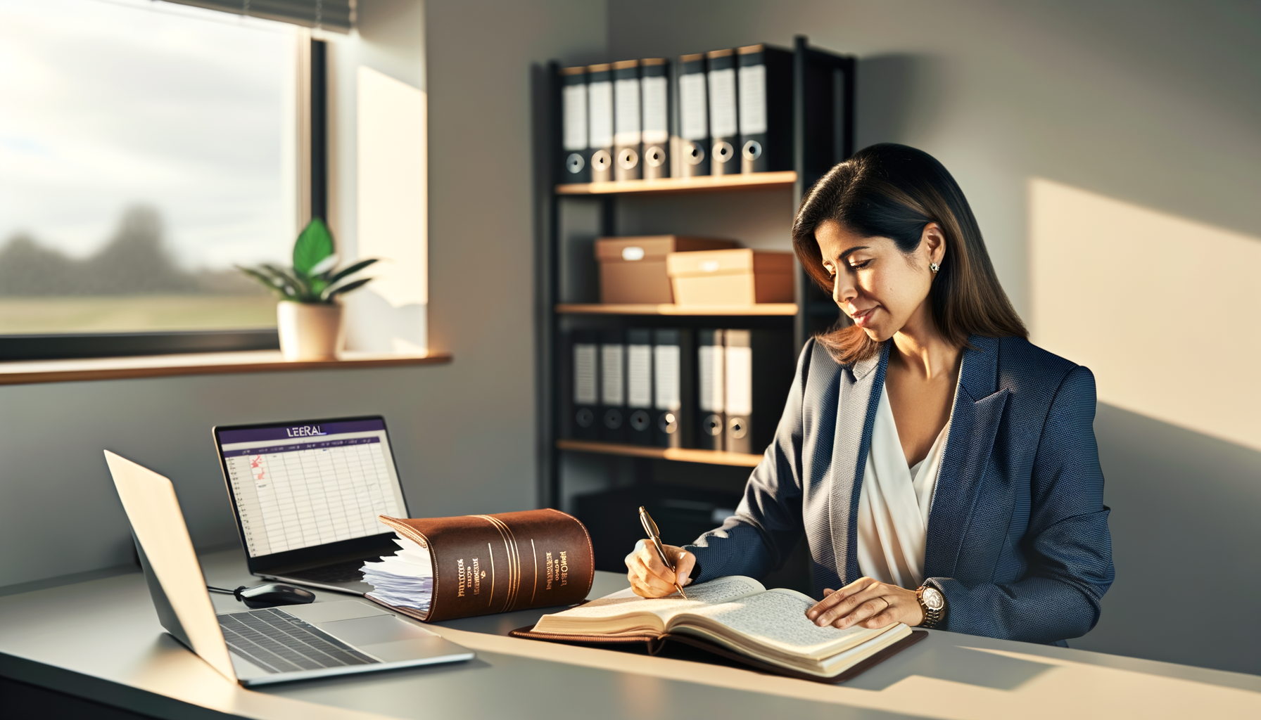 Professional woman organizing legal documents and tracking deadlines at desk