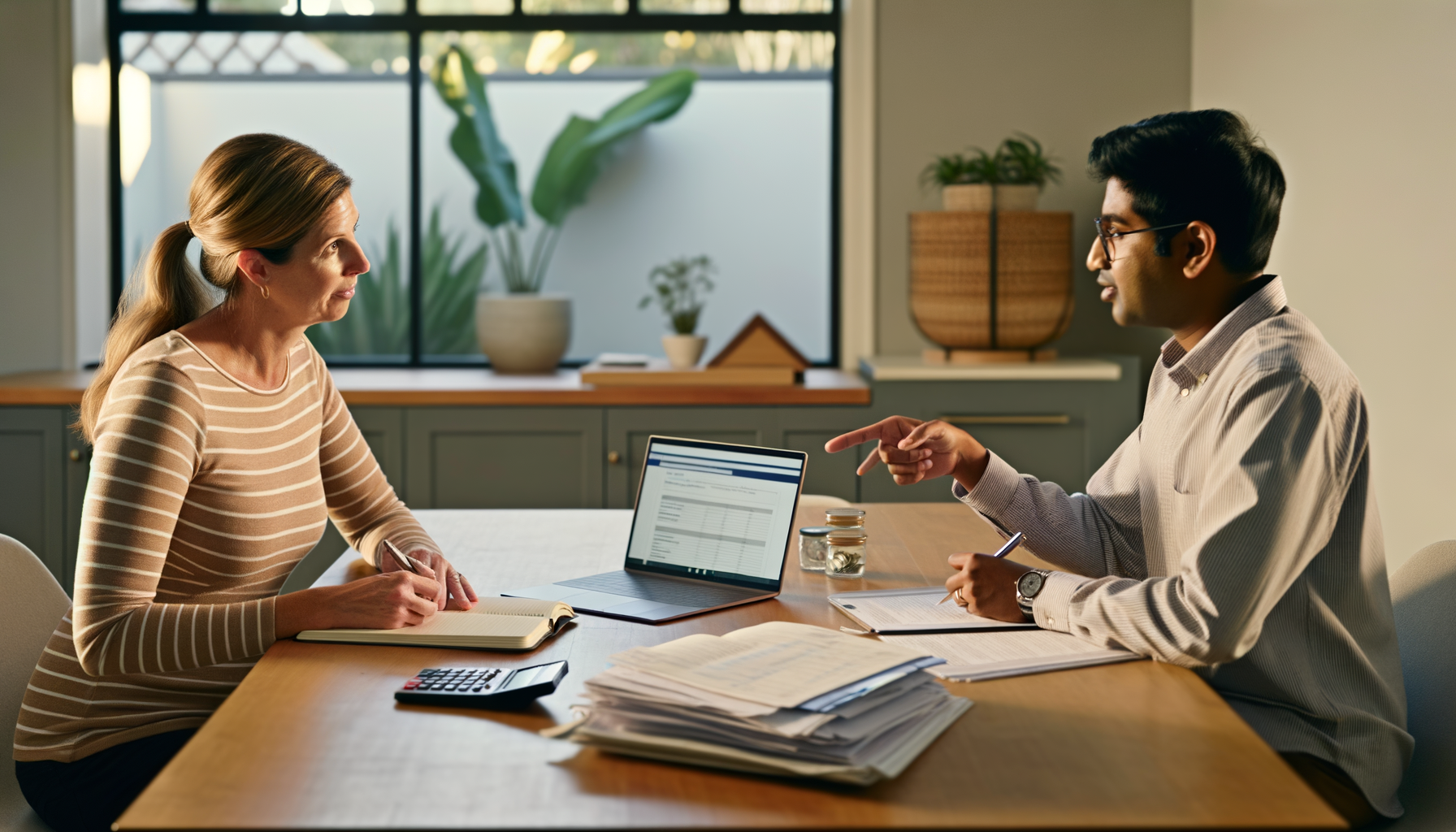 Couple organizing mortgage documents and tracking their home loan process at dining table