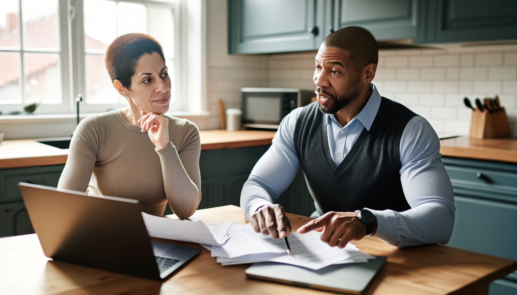 Couple discussing and reviewing service provider options at kitchen table with paperwork and laptops