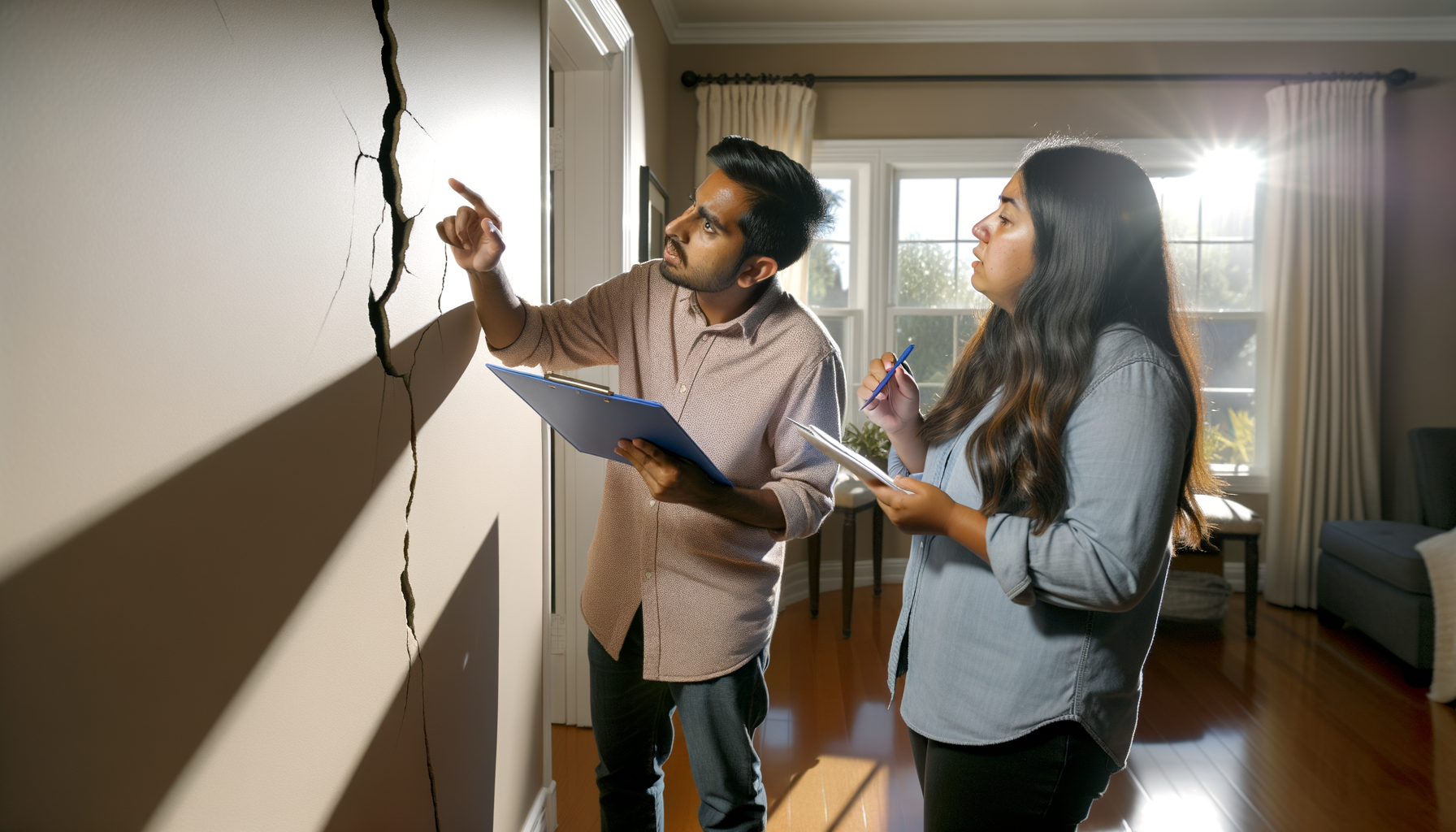 Homeowners examining wall cracks to determine if cosmetic damage indicates structural problems