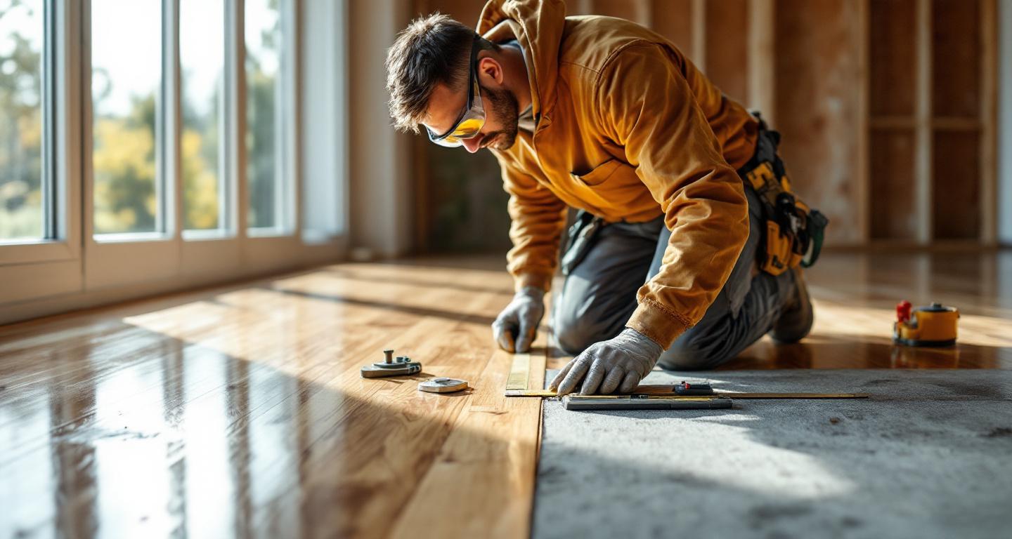 Professional flooring contractor installing hardwood flooring in modern home