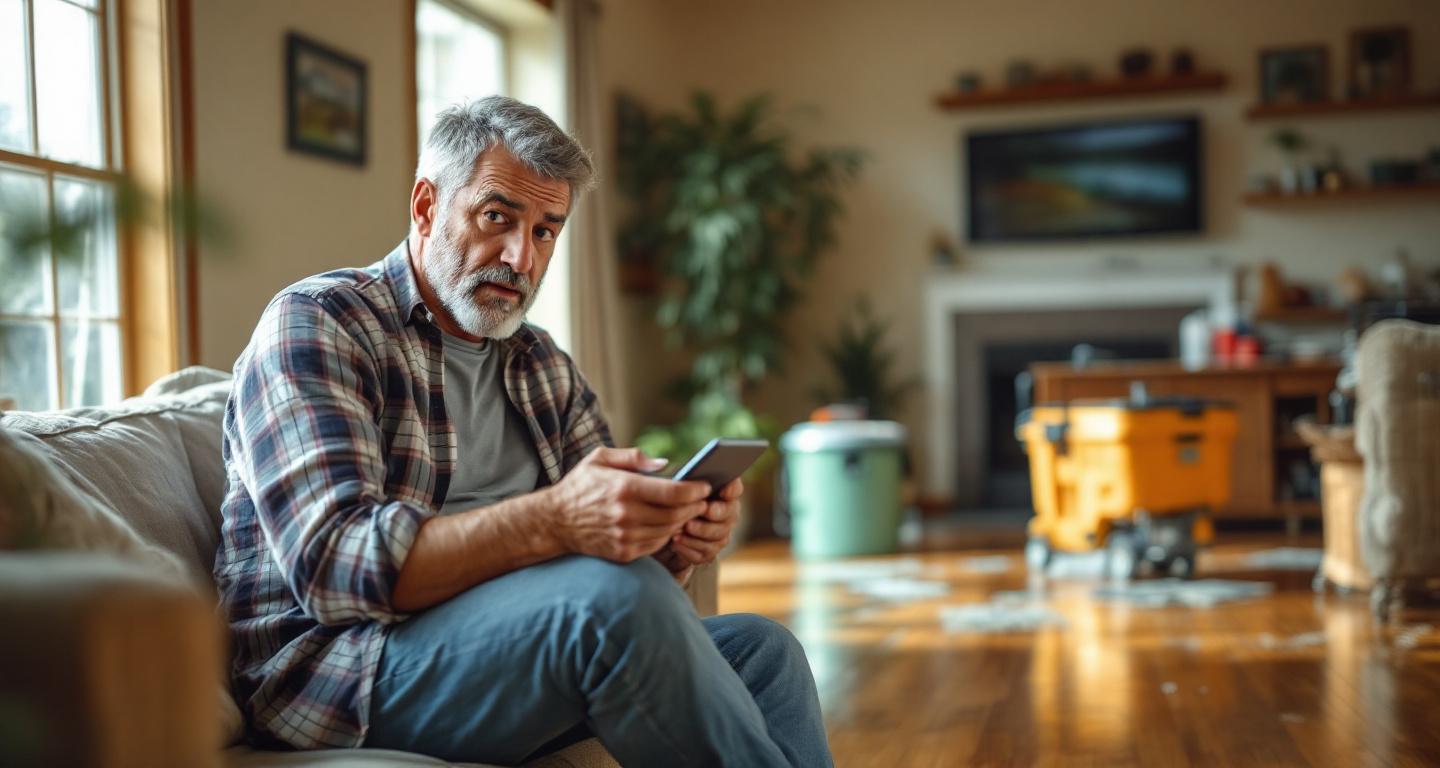 Homeowner assessing water damage in living room with restoration professional