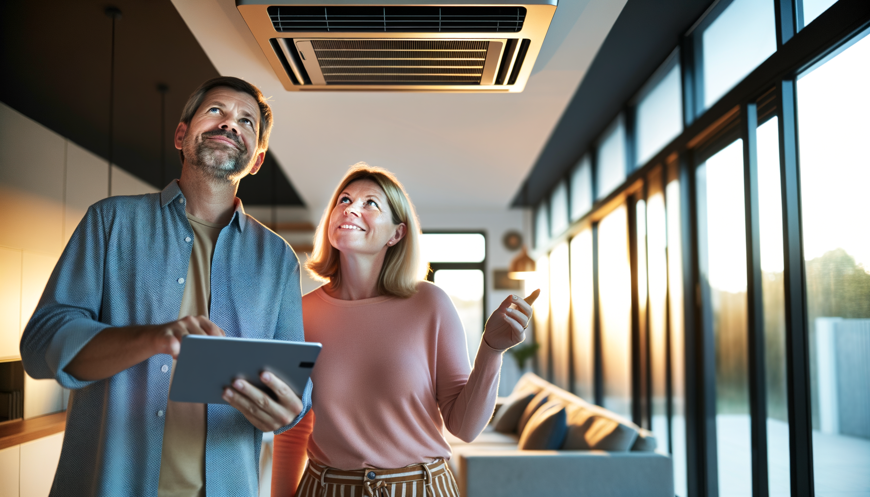 Homeowners examining their newly upgraded HVAC system in bright, comfortable living room