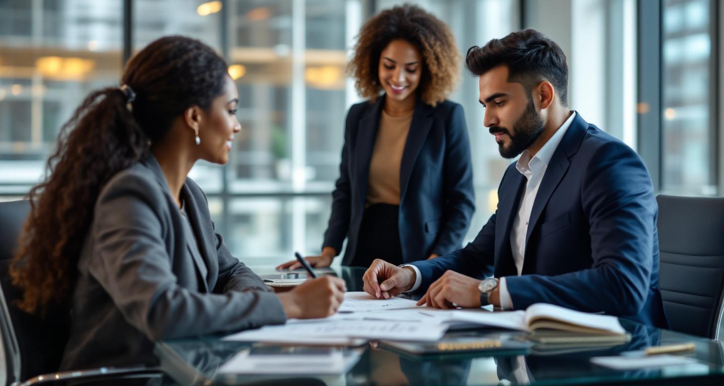 Professional accountant consulting with clients about financial planning and tax preparation