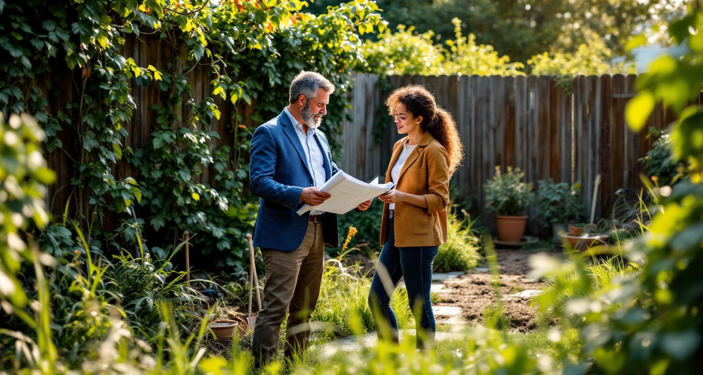 Professional landscaper consulting with homeowners about yard renovation plans