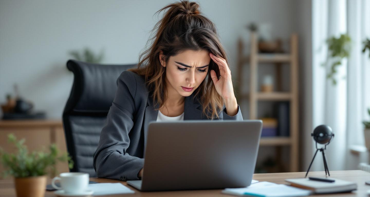 Woman looking frustrated at malfunctioning laptop computer at home office desk