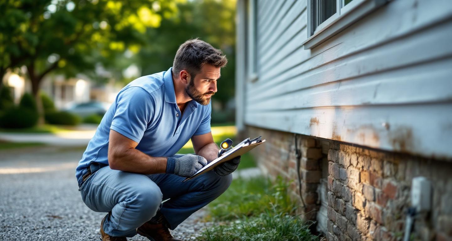 Professional home inspector examining exterior of residential home with clipboard and inspection tools