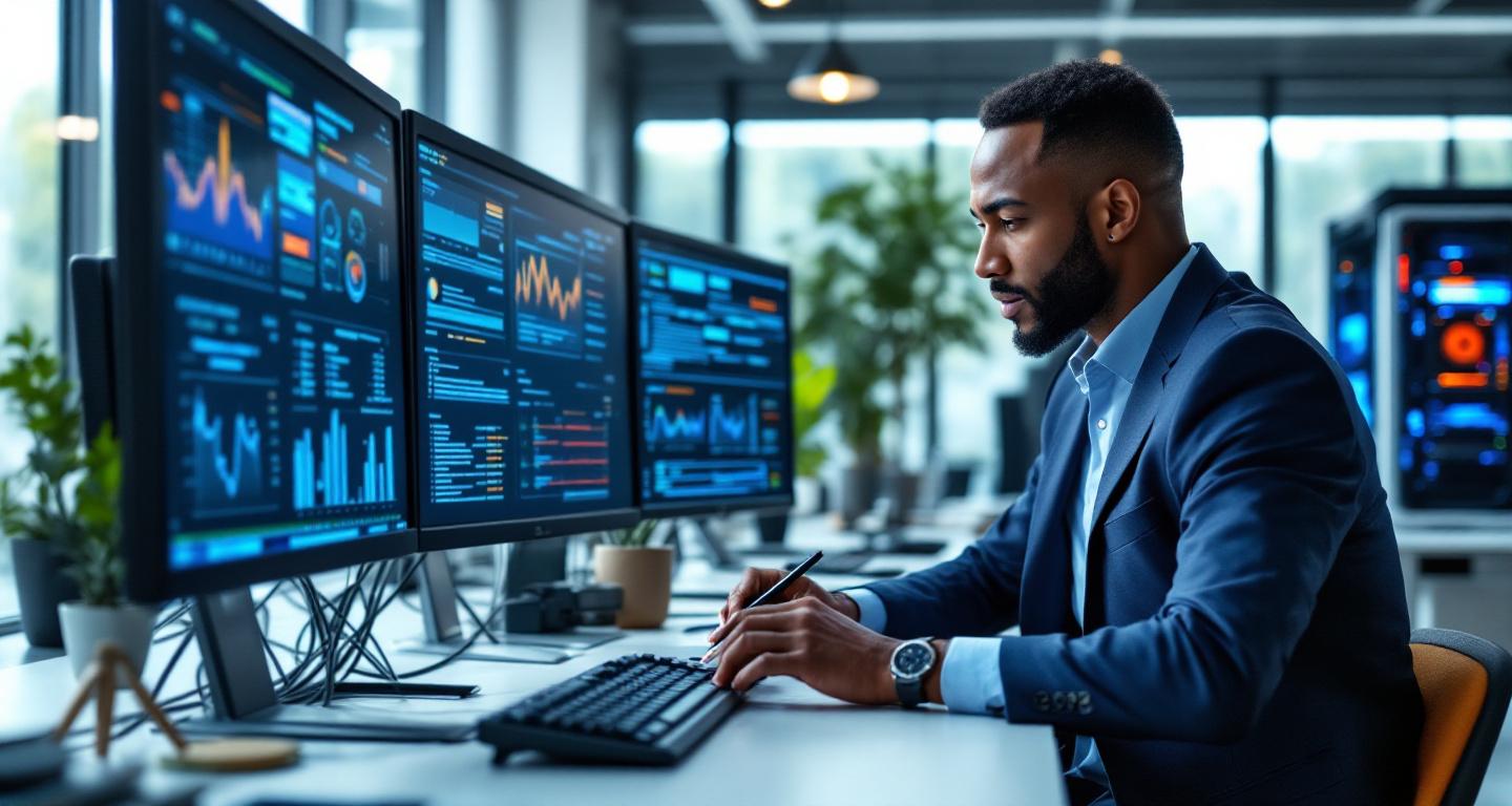 Professional IT technician providing computer support in modern office setting