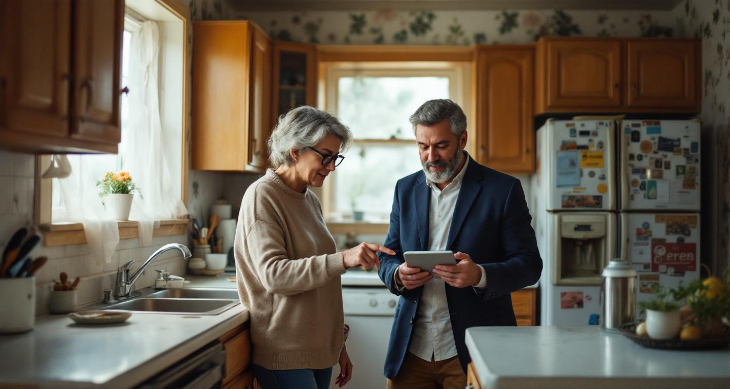 Homeowners evaluating their kitchen for potential remodeling, examining worn cabinets and outdated fixtures