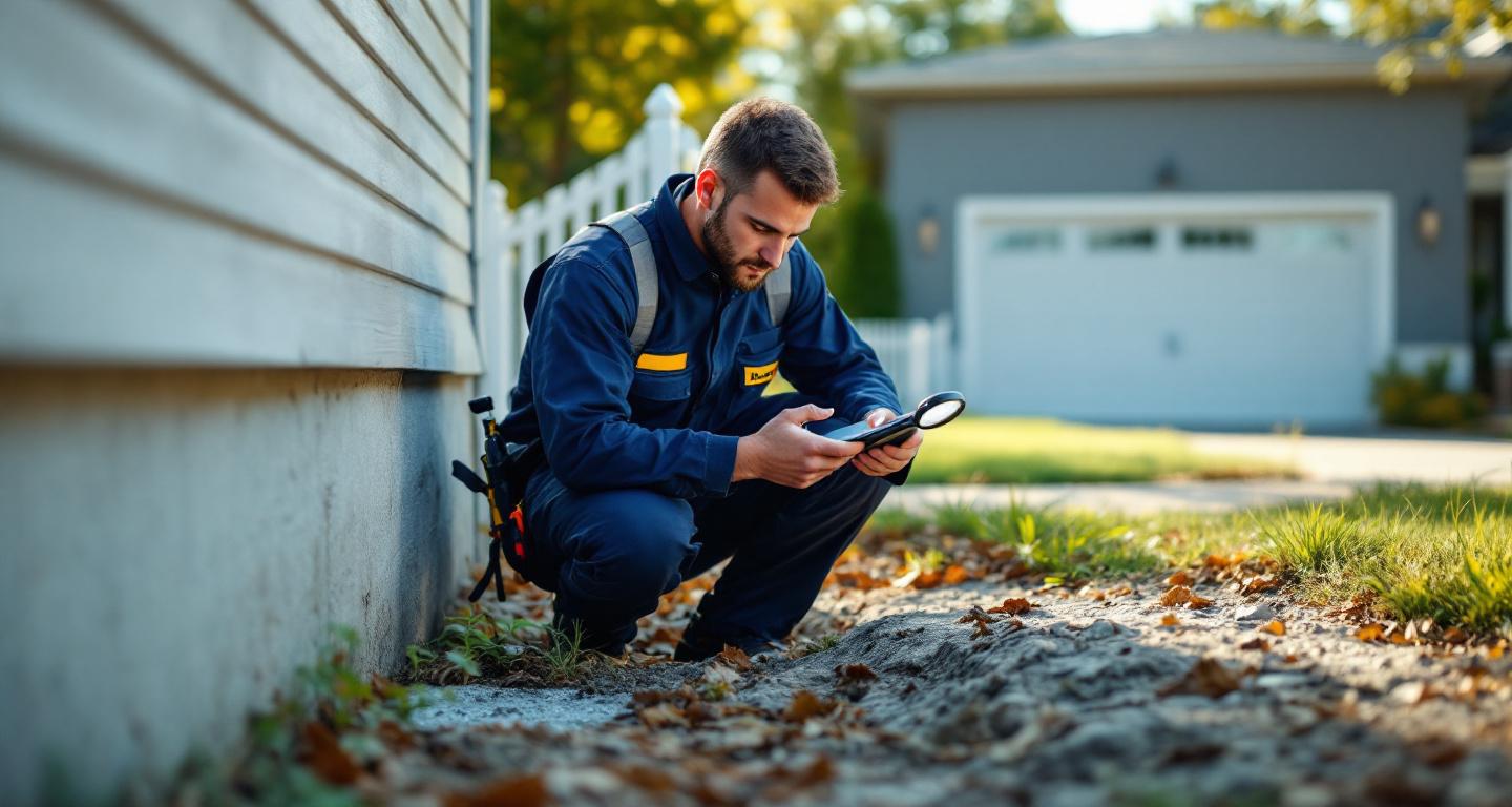 Professional pest control technician inspecting home foundation for pest entry points