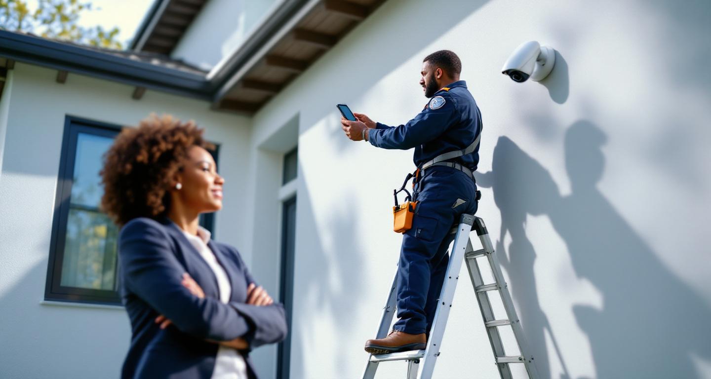 Professional security installer mounting camera on home exterior while homeowner watches