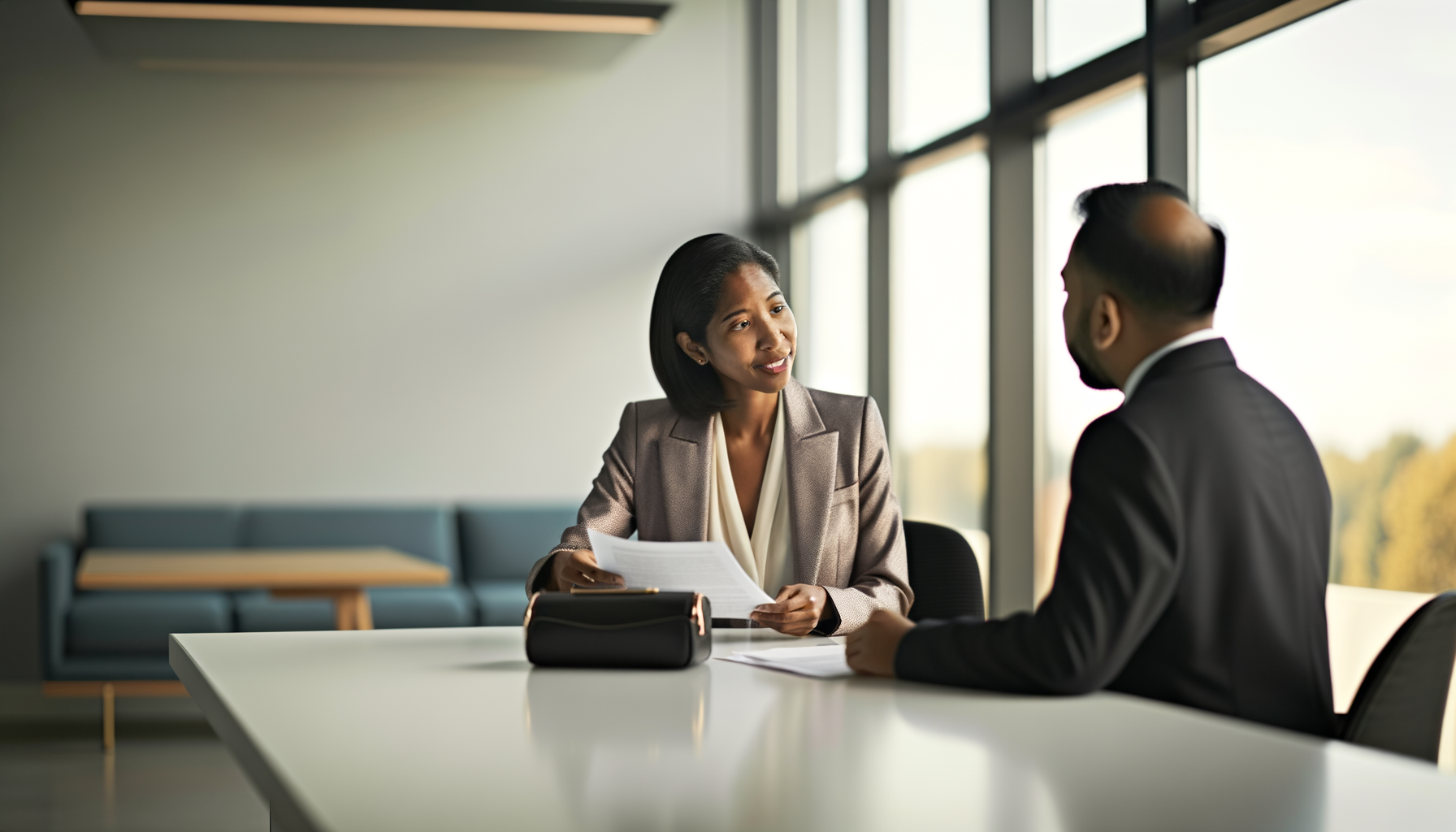 Attorney consulting with client in professional office setting