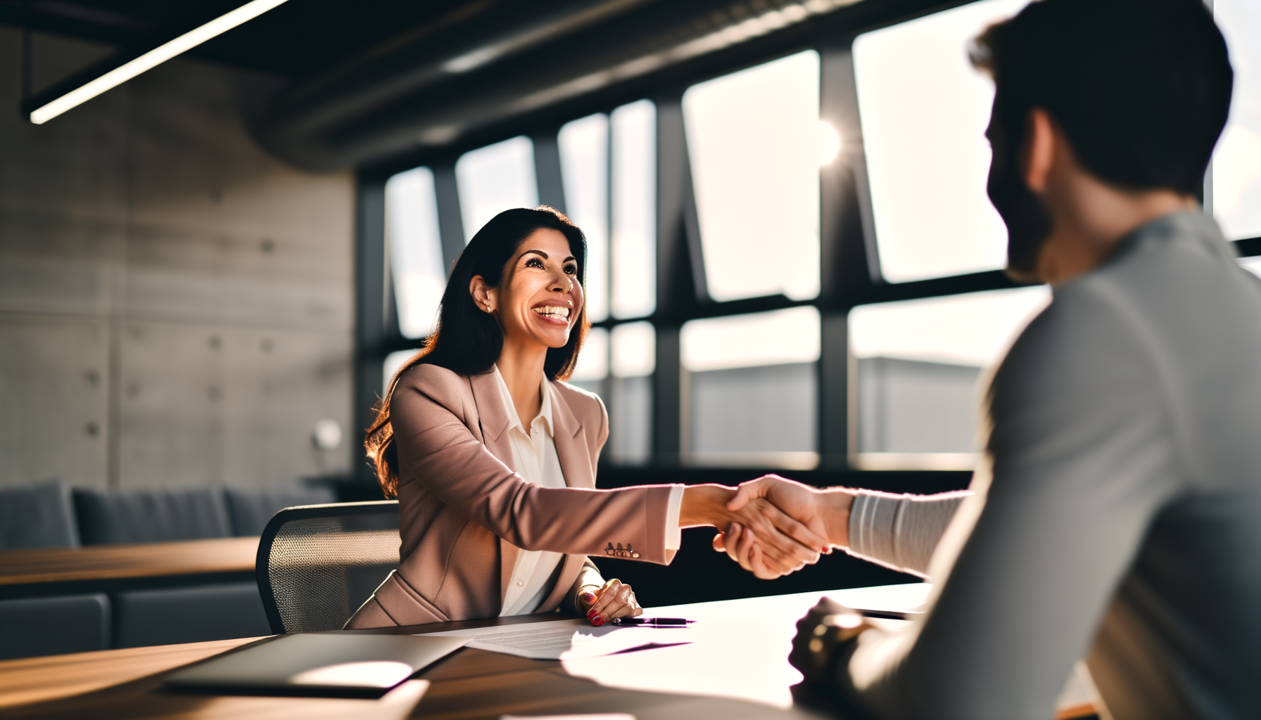 Business owner and client shaking hands in professional office setting showing trust and familiarity