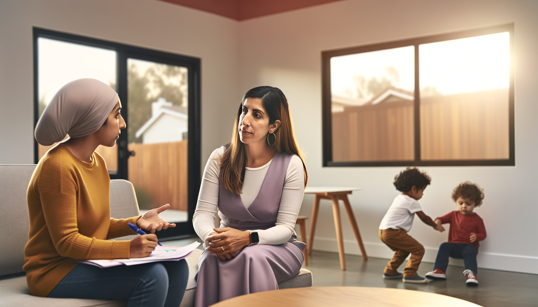 Mother communicating clearly with service provider while children play safely in background