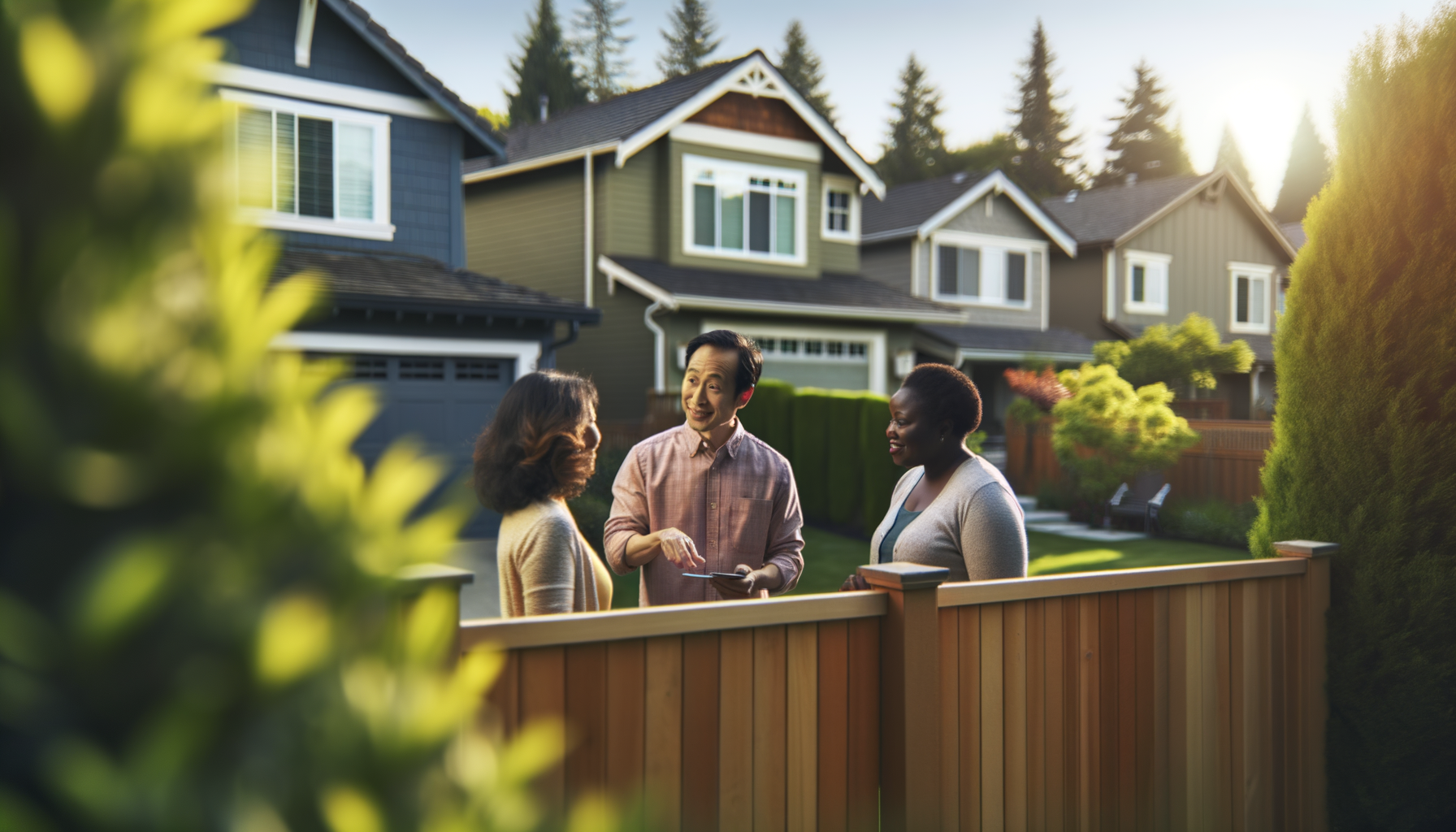 Neighbors having a friendly conversation about home services recommendations over a backyard fence